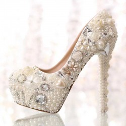 2019 new pearl rhinestone waterproof platform white bride crystal super high heel wedding shoes single shoes adult gift shoes
