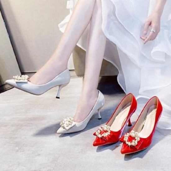 2020 fall new shallow mouth pointed toe bridal shoes low heel high heels pearl stiletto fashion bridesmaid shoes women