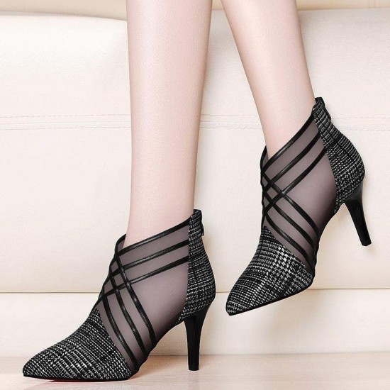 Fashion Mesh Cross Striped Lace Women Ladies Casual Pointed High Heels Pumps Women Sandals Shoes