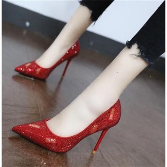 High heels 2020 autumn new all-match black pointed shallow mouth rhinestone stiletto single shoes fashion work women's shoes